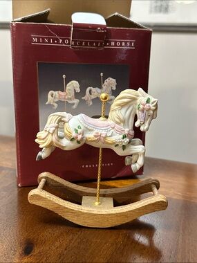 Mini Porcelain Horse Carousel Figurine - Ivory with Pink & Flower Accents